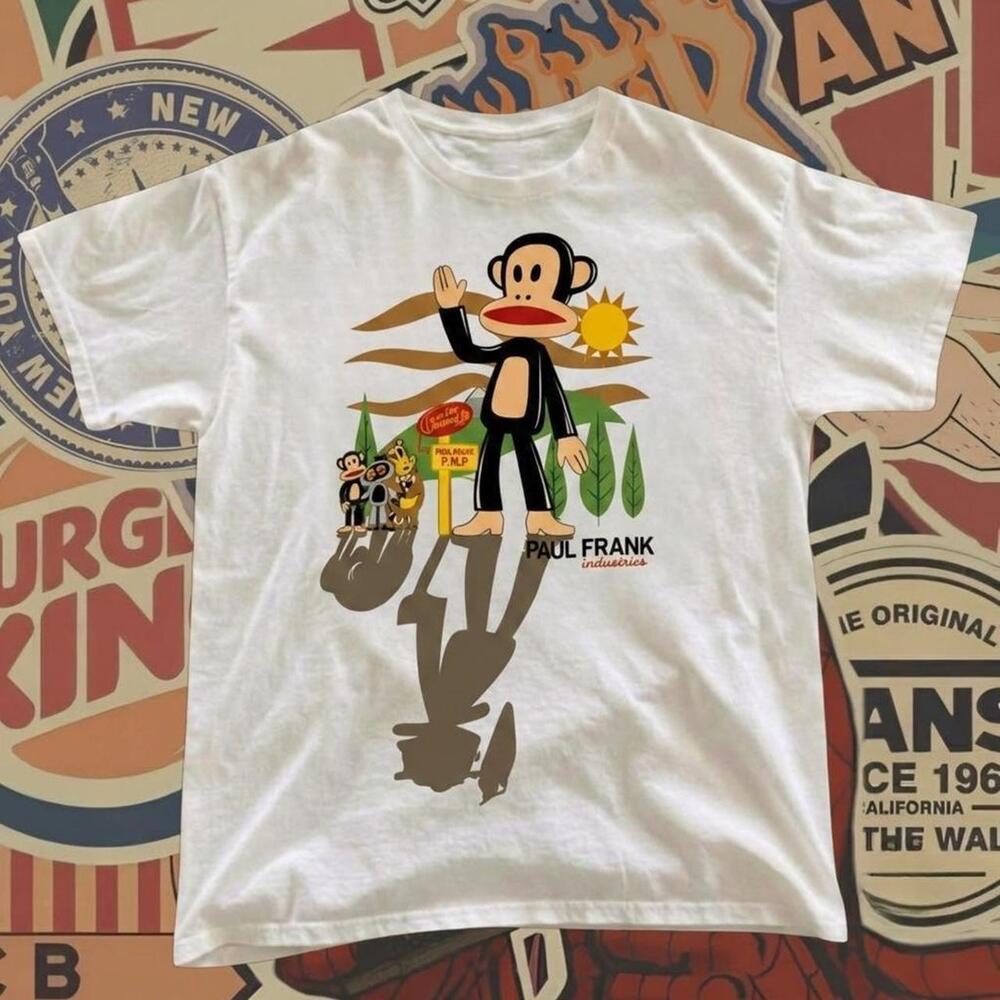Paul Frank White T-Shirt With Graphic Of A Monkey Waving With A Sun And Trees